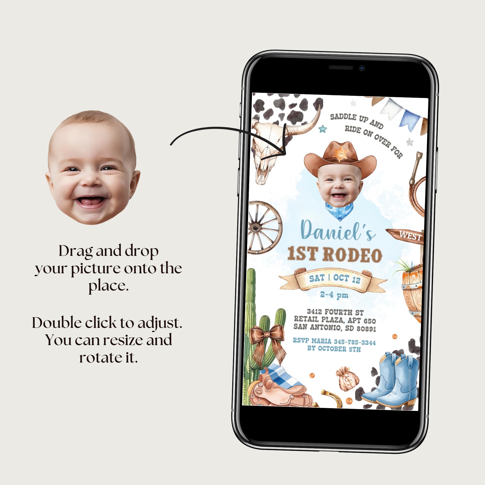 DIY Photo First Rodeo Birthday Invitation, Cowboy 1st Party Animated ...