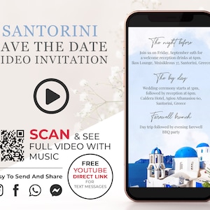 Video Save the Date a Santorini, Salva la data digitale animato in Grecia, Annuncio di fidanzamento a tema Santorini, Video Save the Date per telefono W1
