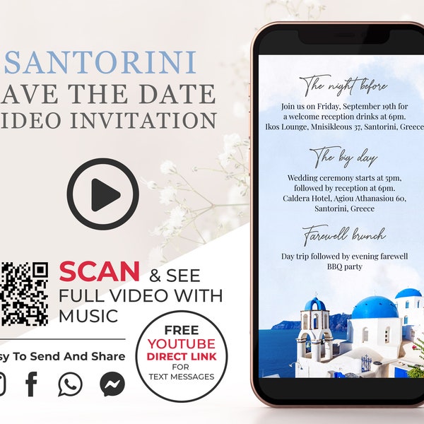 Santorini Save the Date Video, Greece Digital Animated Save the Date, Santorini Theme Engagement Announcement, Phone Video Save the Date W1