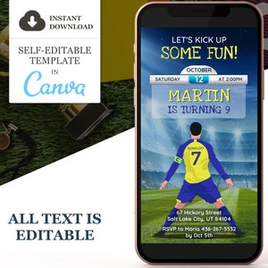 Faire-part d'anniversaire de football, invitation de fête numérique de football, modèle de toile modifiable de futbol, texte de téléphone Evite, téléchargement immédiat