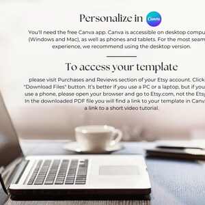 May include: A laptop with a white keyboard sits on a wooden surface, with a coffee cup and a pen nearby. Text on the screen says "Personalize in Canva" and instructions on how to access a template.