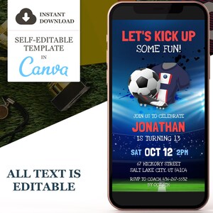Soccer Birthday Invitation, Soccer Electronic Party Invite, Football Editable Canva Template, Text Evite, Instant Download