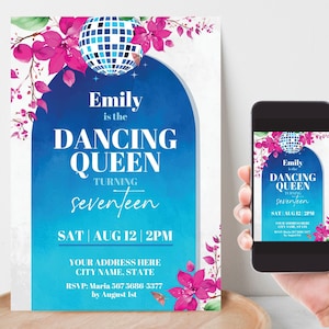 Dancing Queen Birthday Invitation Template in Canva, Greece Theme Birthday Print Invitation, Disco Ball Bougainvillea Any Occasion Invite