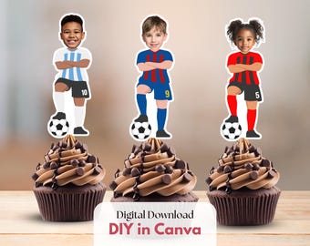 DIY Soccer Player Cupcake Toppers with Photo, Custom Face Football Editable Template, Soccer Birthday Party Decoration, Digital Download