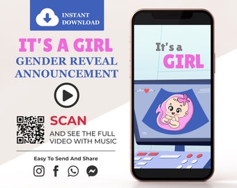 Gender Reveal Video Announcement, Animated Baby Reveal Pregnancy Announce, It's a Girl, Social Media Phone Digital Card, Instant Download P1
