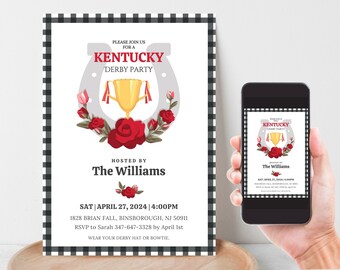 May include: A Kentucky Derby party invitation with a black and white checkered background. The invitation features a gold trophy, red roses, and a horseshoe. The text on the invitation reads "Please join us for a Kentucky Derby Party" and "Hosted by The Williams". The date and time of the party are listed as "Sat | April 27, 2024 | 4:00PM". The address is "1828 Brian Fall, Binsborough, NJ 50911". The RSVP information is "RSVP to Sarah 347-647-3328 by April 1st". The invitation concludes with "Wear your derby hat or bowtie."