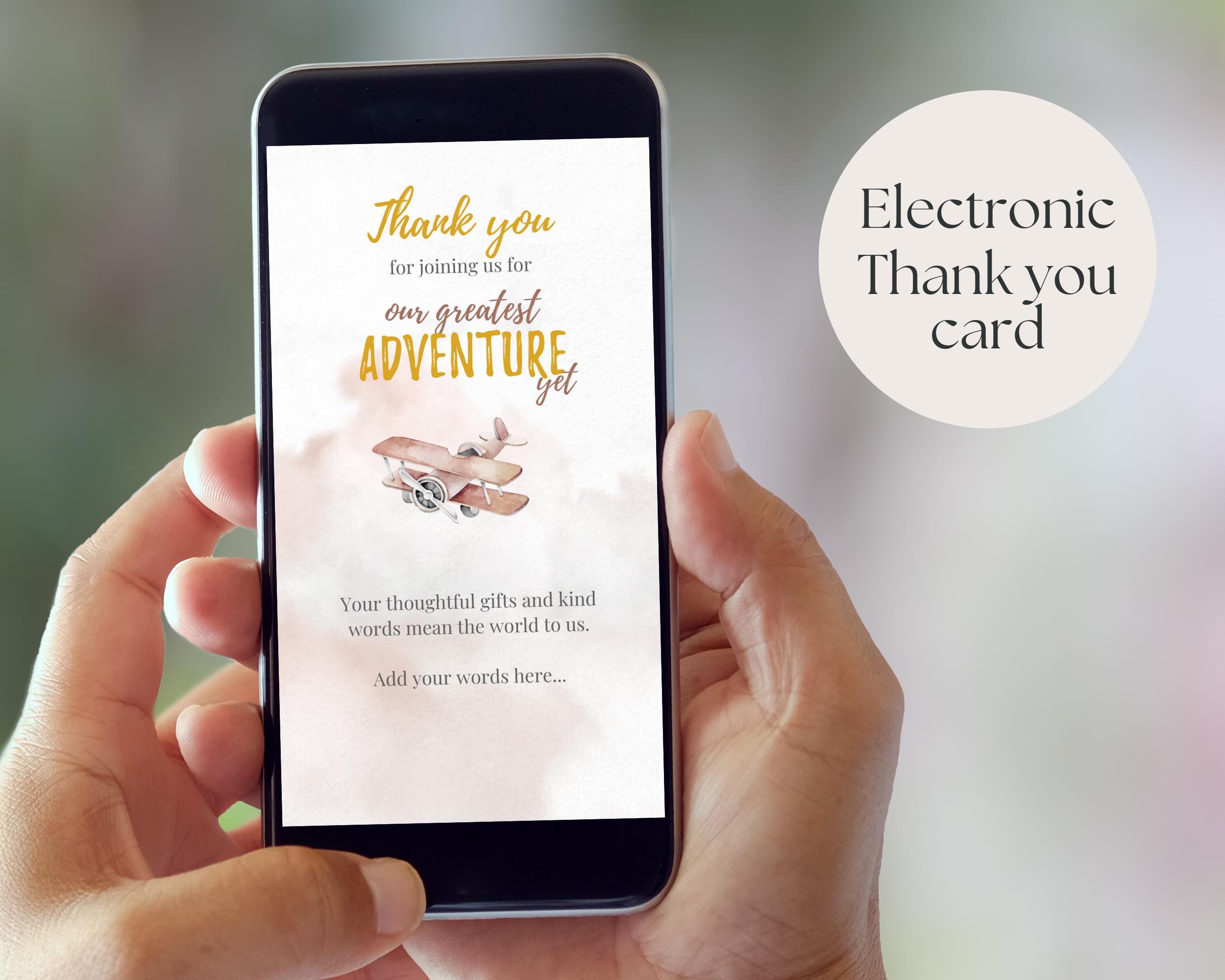 Our Greatest Adventure Baby Shower Thank You Card, Adventure Awaits Editable Template, Airplane Electronic Thank you Card, Travel Thank you