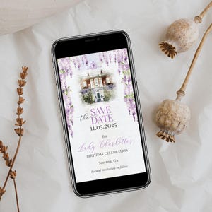 Modelo de reserva de data com tema de regência, convite eletrônico de aniversário vitoriano, convite de casamento no jardim, reserva de data para chá de glicínia