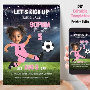 Modèle modifiable d'invitation d'anniversaire de football bricolage avec votre photo, impression de fête de joueur de football et Evite, texte personnalisé de fête de football commune Evite