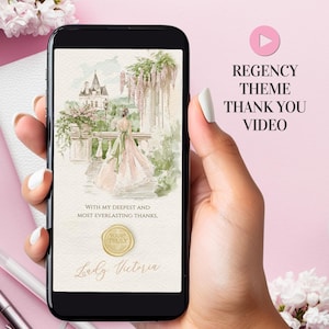 May include: A smartphone screen displaying a digital thank you card with a watercolor illustration of a person in a gown standing on a balcony overlooking a castle. The text reads: WITH MY DEEPEST AND MOST EVERLASTING THANKS, YOURS TRULY, LADY VICTORIA.