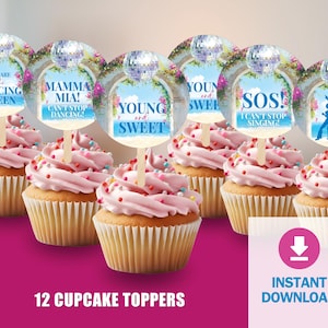 Mamma Mia Cupcake Toppers, Dancing Queen Food Decoration, 1970s Disco Party Toppers, Greece Birthday Party Supplies, Instant Download 2102