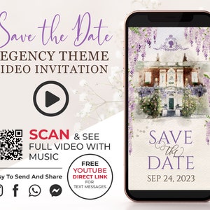 Speichern Sie das Datum Regency Geburtstags-Videoeinladung, Wisteria Brautparty oder Hochzeit animierte einladen, jede viktorianische digitale Karte BSH1