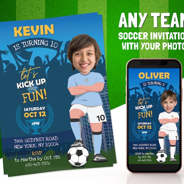 Soccer Any Team Birthday Invitation with your Photo, Soccer Print & Digital Party Invite, Football Fan Personalized Card, Phone Text Evite