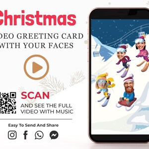 Tarjeta de felicitación navideña con vídeo y foto divertida, tarjeta navideña para familias o empresas de esquiadores, tarjeta divertida de equipo familiar con caras en la nieve, archivo digital