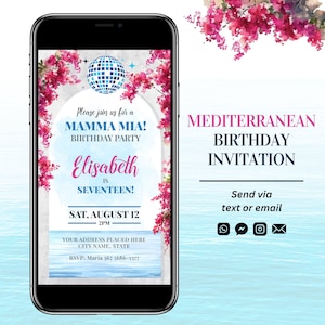 Mediterran Geburtstagseinladung Vorlage in Canva, Griechenland Thema Geburtstag Digital Evite, Disco Ball Bougainvillea Jeden Anlass einladen, BSH1
