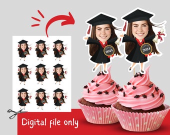 Afstuderen Cupcake Toppers met foto, klasse van 2024 Cupcake Toppers, aangepaste afstuderen partij gezicht toppers, afdrukbare toppers digitaal bestand