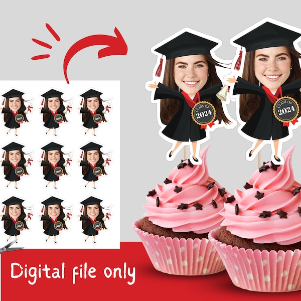 Abschlussfeier Cupcake Toppers mit Foto, Klasse von 2024 Cupcake Toppers, Benutzerdefinierte Abschlussfeier Gesichtstopper, druckbare Topper Digitale Datei