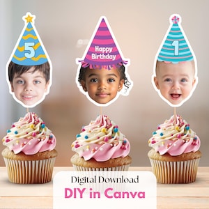 May include: Three cupcakes with pink frosting and colourful sprinkles. Each cupcake has a photo of a child with a birthday hat. The hats have the numbers 1 and 5, and the text "Happy Birthday". The image includes the text "Digital Download DIY in Canva".