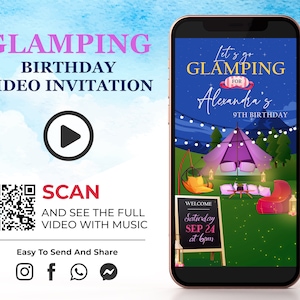 Glamping Birthday Video Invitation, Camper Smore Animated Invite, Bonfire Camping Birthday, Slumber Party Digital Invite for Social Media K1