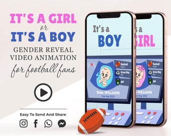 Personalized Football Gender Reveal Video, Custom Animated Baby Reveal Pregnancy Announcement, It's a Boy/Girl, Social Media, Digital P1