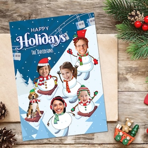Tarjeta navideña con foto divertida, muñecos de nieve esquiando, tarjeta navideña para familia o empresa, tarjeta divertida de nieve para familia o equipo con caras, archivo digital