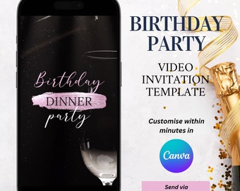 DIY Birthday Party Video Invitation Template in Canva, Sparkly Champaign Birthday Invite, Elegant Anniversary Video, Digital Download B1