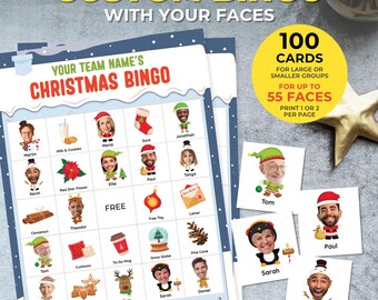 May include: Custom Christmas Bingo game with personalized faces. The game includes bingo cards with festive images and player faces, plus individual cards. The text on the image says "100 cards for large or smaller groups for up to 55 faces."