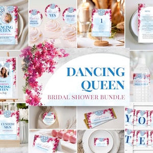 Dancing Queen bewerkbare sjabloon met foto, mediterrane uitnodigingsbundel vrijgezellenfeest, vrijgezellenweekend, discobal B2092