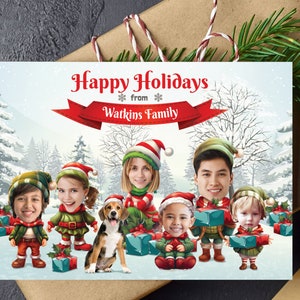 Biglietto d'auguri di Natale con foto divertente, biglietto d'auguri per la famiglia o l'azienda con elfi con volti, biglietto di Natale per la famiglia di elfi, biglietto di auguri per la squadra di elfi, file digitale