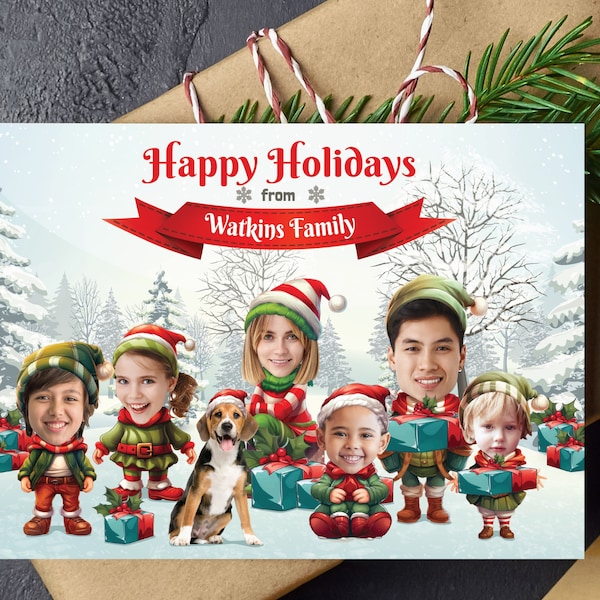 Funny Photo Christmas Greeting Card, Elves Family or Company Holiday Card with Faces, Elf Family Christmas Card, Elf Team Card, Digital File