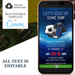 Voetbal verjaardagsuitnodiging, voetbal elektronische feestuitnodiging, Futbol bewerkbare Canva sjabloon, tekst telefoon Evite, digitale Evite Instant Download