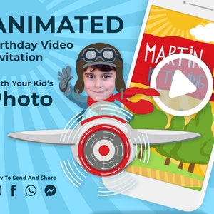 Airplane Birthday Video Invitation, Pilot Birthday Invite with your Boy or Girl Photo, Aviator Animated Party Invitation for Social MediaK1
