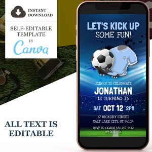 Soccer Birthday Invitation, Soccer Electronic Party Invite, Football Invitation, Futbol Editable Canva Template, Text Evite Instant Download