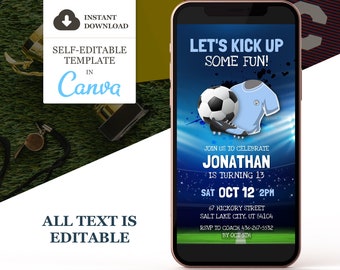 Op de afbeelding: Een blauw en wit voetbaltenue met een voetbal en een paar voetbalschoenen op een blauwe achtergrond met witte sterren. De tekst "Let's Kick Up Some Fun!" staat bovenaan de afbeelding. De tekst "Jonathan is turning 13" staat onder de voetbal. De tekst "Sat Oct 12 2PM" staat onder de tekst "Jonathan is turning 13". De tekst "67 Hickory Street Salt Lake City, UT 84104" staat onder de datum. De tekst "RSVP to Coach 436-267-5532 by Oct 5th" staat onderaan de afbeelding.