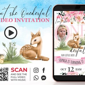 Invitación en video para el primer cumpleaños de Little Deer, invitación para el primer cumpleaños de Isn't She Onederful, invitación en video animada de Woodland Girl, redes sociales K1