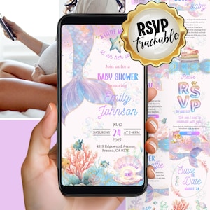 May include: A smartphone displays a baby shower invitation with a mermaid theme. The invitation features a mermaid tail, coral, and the text "Baby Shower" and "RSVP trackable". The date is August 24, 2027, at 2-4 PM.