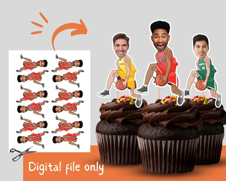 Basketball Player Cupcake Toppers with Photo, Basketball Player Birthday Decoration, Personalized Basketball Topper, Custom Printable Topper image 1