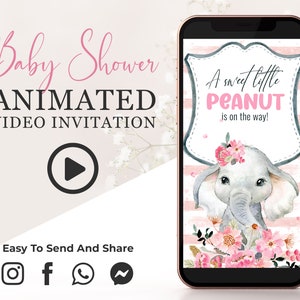 Puede incluir: Una invitación animada a un baby shower en rosa y gris con un elefante de dibujos animados con flores en la cabeza. El texto dice "A sweet little PEANUT is on the way!"