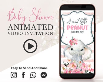 Elephant It&#39;s a Girl Baby Shower Video Invitation, Blush Flowers Animation E Invite, Personalized Digital Video Invites, Social Media BSH2