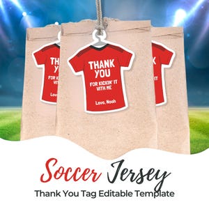Modelo editável de etiqueta de agradecimento para camisa de futebol, modelo de etiqueta para lembrancinha de aniversário, decoração para festa de futebol, etiqueta de agradecimento para uniforme, download digital