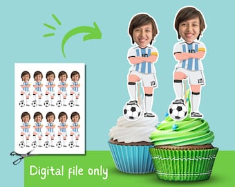 Soccer Player Cupcake Toppers with Photo, Argentina Soccer Player Birthday Toppers, Personalised Football Toppers, Printable Toppers