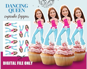 Decorazioni per cupcake "Dancing Queen" con foto, decorazioni per feste disco anni '70, decorazioni per cupcake "Mamma Mia", decorazioni per l'ultima discoteca, decorazioni per compleanni in stile discoteca