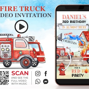 Firetruck Geburtstags-Video E-Einladung, Feuerwehrmann-Party animierte Einladung, Feuerwehrmann-Einladung, Feuerwehrmann-Digital-Animation, Social Media K1