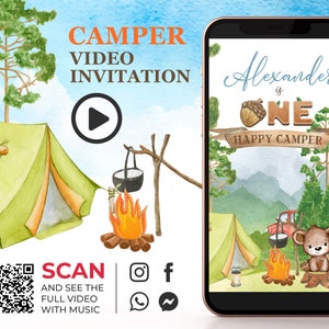 Camper Birthday Video Invitation, One Happy Camper Smore Animated Invite, Bonfire Camping Birthday Digital Invitation for Social Media K1