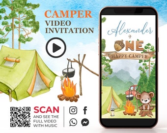Camper First Birthday Video Invitation, One Happy Camper Smore Animated Invite, Bonfire Camping 1st Birthday Invitation for Social Media K1
