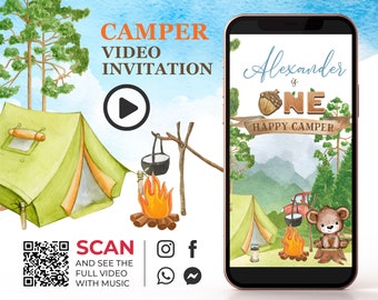 Camper Birthday Video Invitation, One Happy Camper Smore Animated Invite, Bonfire Camping Birthday Digital Invitation for Social Media K1