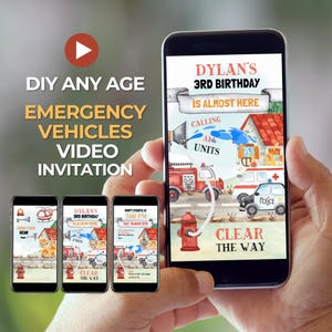 May include: A smartphone displays a birthday invitation with emergency vehicle illustrations. The invitation reads "Dylan's 3rd Birthday" and includes a fire truck, ambulance, and police car. The text "Emergency Vehicles Video Invitation" is also visible.