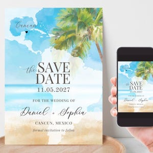Ziel Strand Speichern Sie das Datum Vorlage, Tropische Hochzeit Speichern Sie das Datum, Palmen Meer Sand Geburtstag Speichern Sie das Datum, Reiseparty Vorlage D1