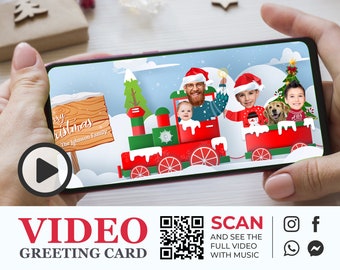 Tarjeta de felicitación de vídeo de Navidad familiar, tarjeta de vacaciones de tren de Navidad con foto, tarjeta de felicitación de Navidad divertida, tarjeta de felicitación personalizada animada