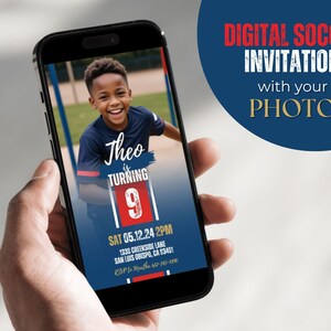 写真付きサッカー誕生日招待状、サッカー電子招待状、フットボール招待状、編集可能なフットボールCanvaテンプレート、即時ダウンロードSB
